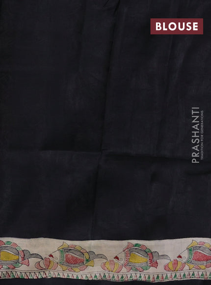 Madhubani printed silk saree black and beige with butta prints and madhubani printed border