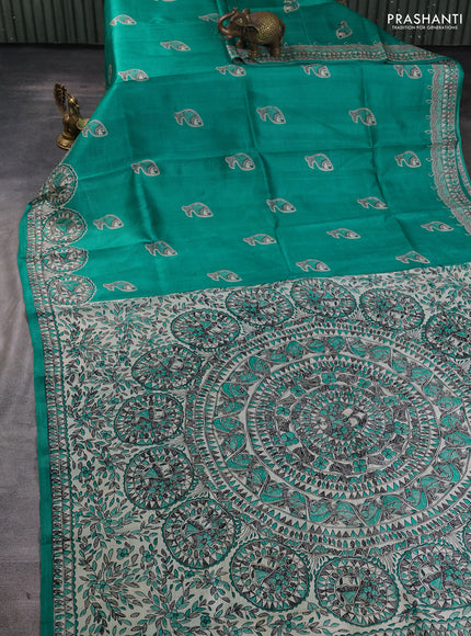 Madhubani printed silk saree teal green and beige with butta prints and madhubani printed border