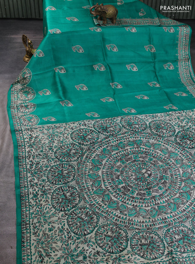 Madhubani printed silk saree teal green and beige with butta prints and madhubani printed border
