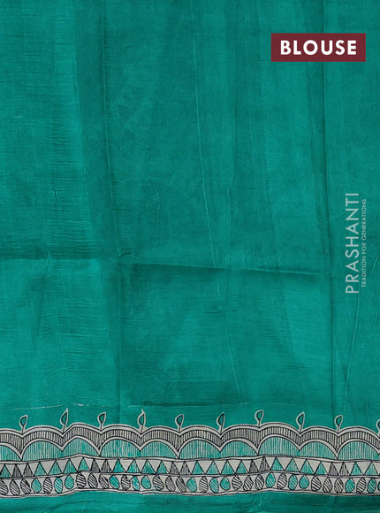 Madhubani printed silk saree teal green and beige with butta prints and madhubani printed border