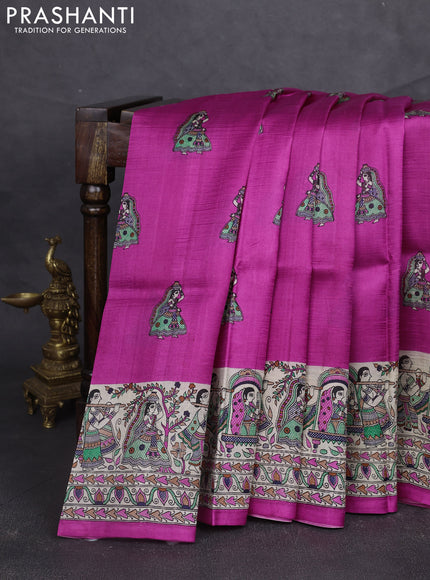 Madhubani printed silk saree pink and beige with butta prints and madhubani printed border
