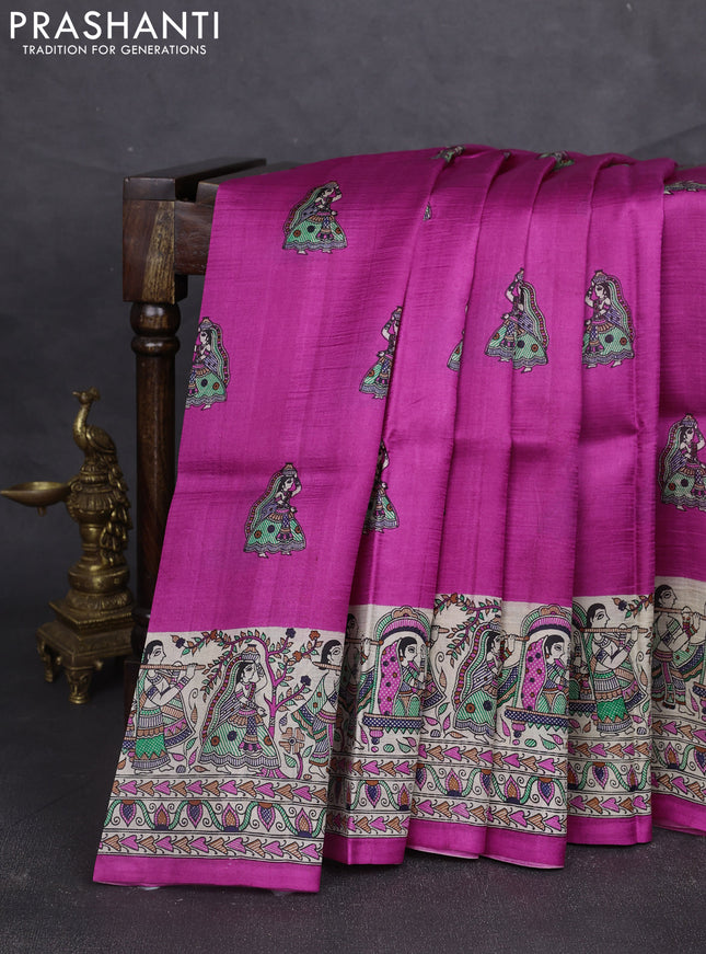 Madhubani printed silk saree pink and beige with butta prints and madhubani printed border
