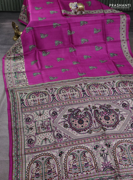 Madhubani printed silk saree pink and beige with butta prints and madhubani printed border