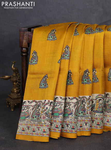 Madhubani printed silk saree mustard yellow and beige with butta prints and madhubani printed border