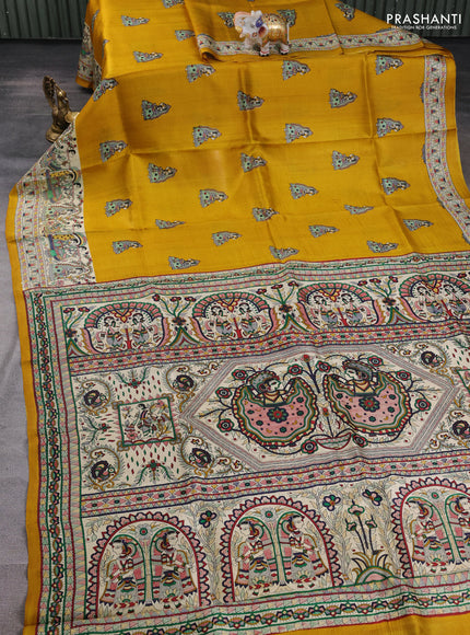 Madhubani printed silk saree mustard yellow and beige with butta prints and madhubani printed border