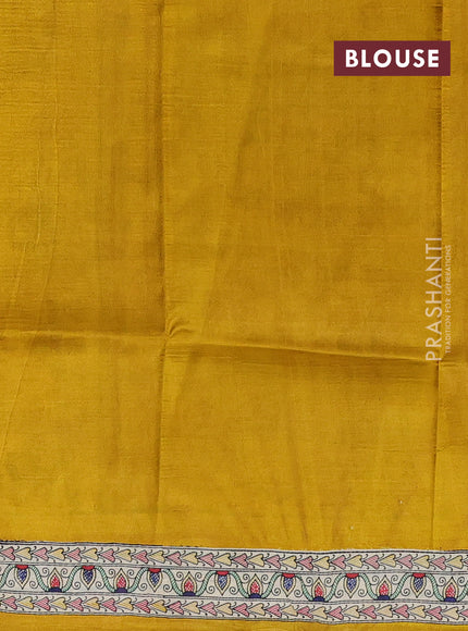Madhubani printed silk saree mustard yellow and beige with butta prints and madhubani printed border