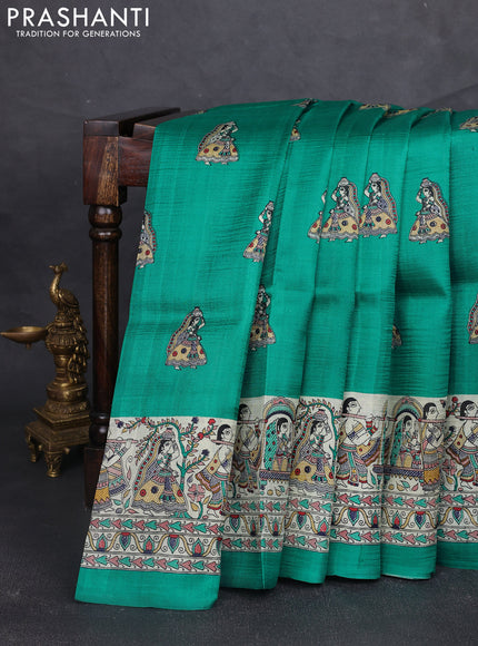 Madhubani printed silk saree teal green and beige with butta prints and madhubani printed border