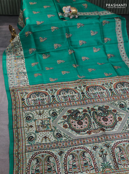 Madhubani printed silk saree teal green and beige with butta prints and madhubani printed border