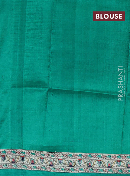 Madhubani printed silk saree teal green and beige with butta prints and madhubani printed border