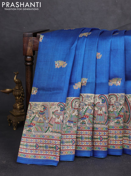 Madhubani printed silk saree blue and beige with butta prints and madhubani printed border