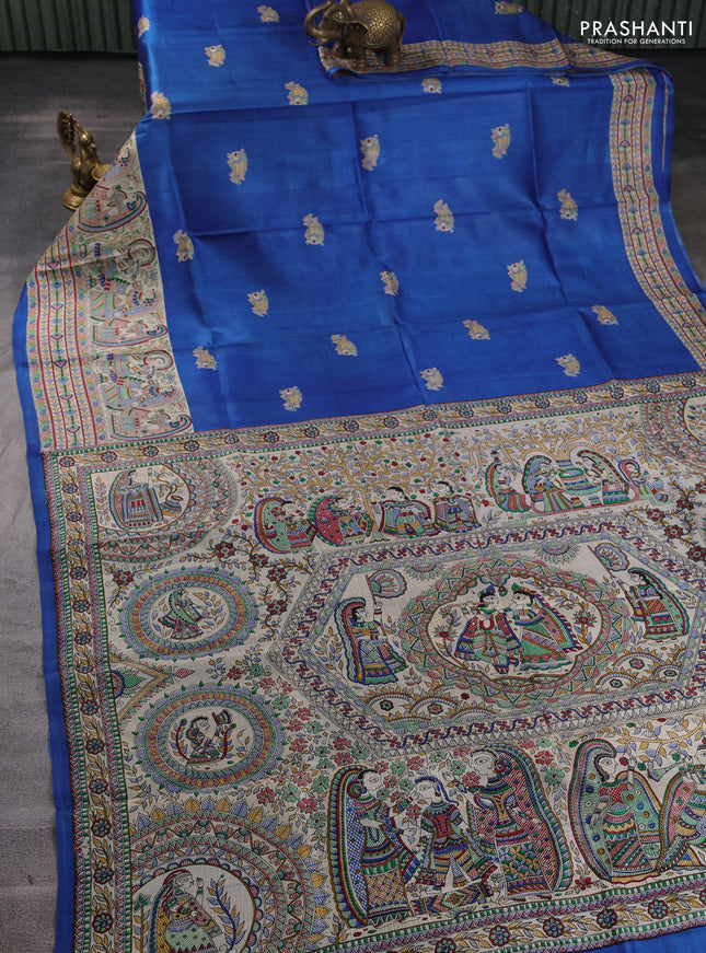 Madhubani printed silk saree blue and beige with butta prints and madhubani printed border