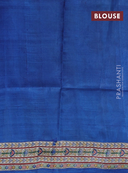 Madhubani printed silk saree blue and beige with butta prints and madhubani printed border
