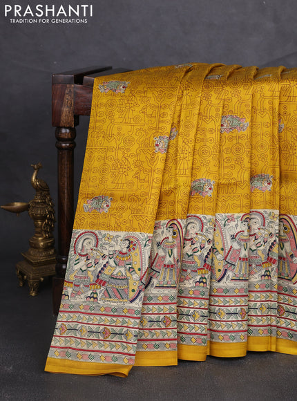 Madhubani printed silk saree mustard yellow and beige with allover prints and madhubani printed border