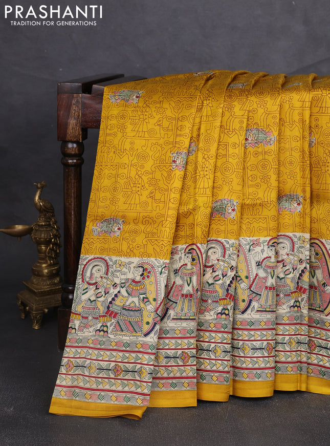 Madhubani printed silk saree mustard yellow and beige with allover prints and madhubani printed border