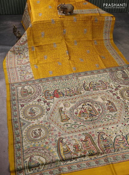 Madhubani printed silk saree mustard yellow and beige with allover prints and madhubani printed border