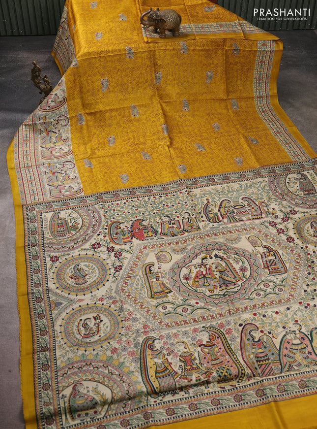 Madhubani printed silk saree mustard yellow and beige with allover prints and madhubani printed border