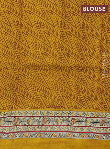 Madhubani printed silk saree mustard yellow and beige with allover prints and madhubani printed border