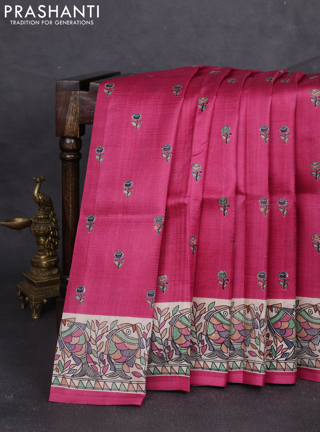 Madhubani printed silk saree dark pink and beige with butta prints and madhubani printed border