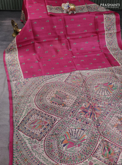 Madhubani printed silk saree dark pink and beige with butta prints and madhubani printed border