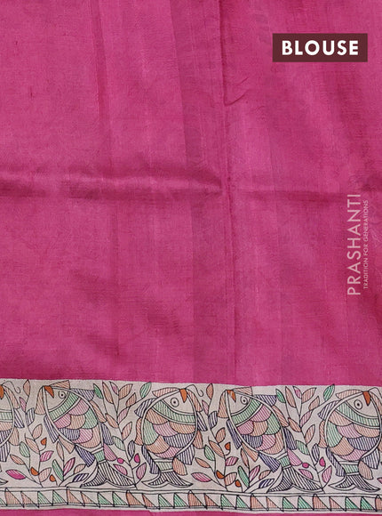 Madhubani printed silk saree dark pink and beige with butta prints and madhubani printed border