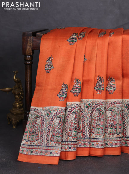 Madhubani printed silk saree orange and beige with butta prints and madhubani printed border