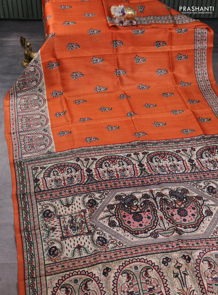 Madhubani printed silk saree orange and beige with butta prints and madhubani printed border