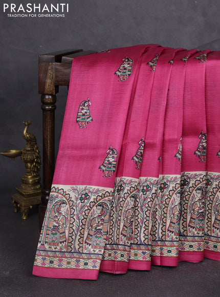Madhubani printed silk saree dark pink and beige with butta prints and madhubani printed border