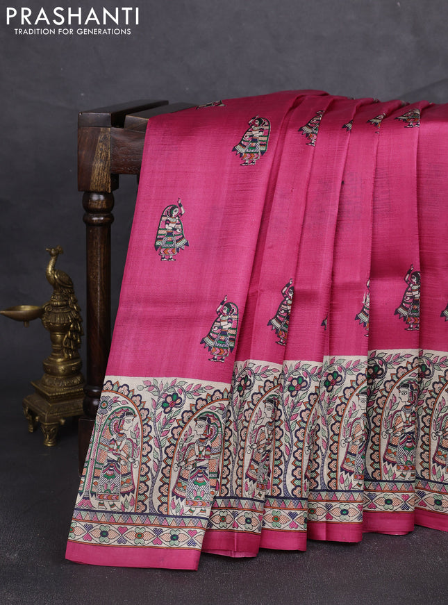 Madhubani printed silk saree dark pink and beige with butta prints and madhubani printed border