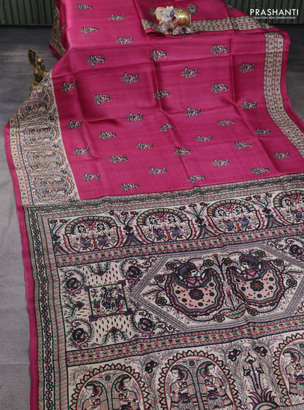 Madhubani printed silk saree dark pink and beige with butta prints and madhubani printed border