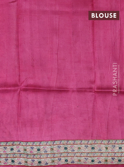 Madhubani printed silk saree dark pink and beige with butta prints and madhubani printed border