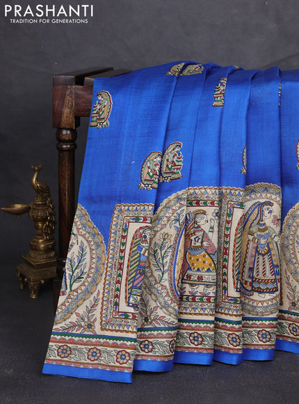 Madhubani printed silk saree blue and beige with butta prints and madhubani printed border