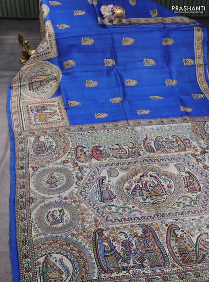 Madhubani printed silk saree blue and beige with butta prints and madhubani printed border