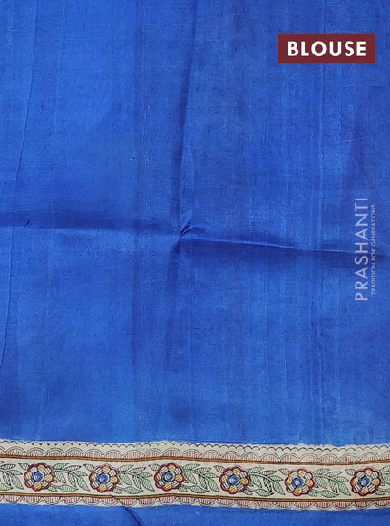 Madhubani printed silk saree blue and beige with butta prints and madhubani printed border
