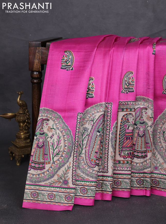 Madhubani printed silk saree pink and beige with butta prints and madhubani printed border