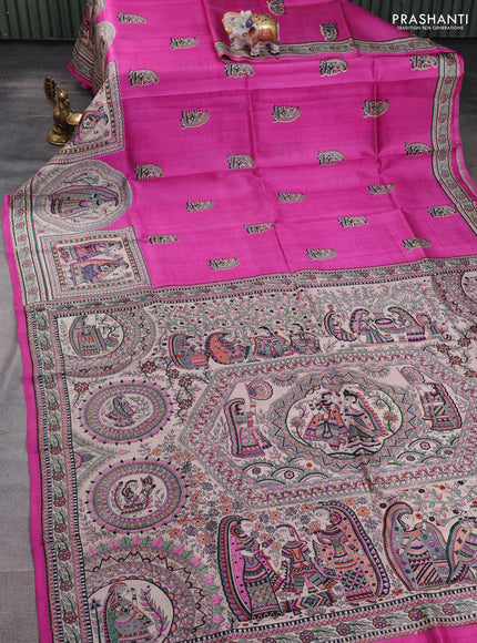 Madhubani printed silk saree pink and beige with butta prints and madhubani printed border