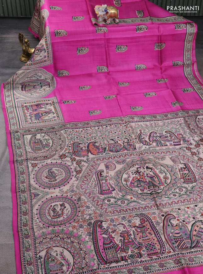 Madhubani printed silk saree pink and beige with butta prints and madhubani printed border