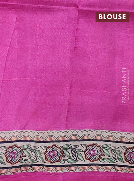 Madhubani printed silk saree pink and beige with butta prints and madhubani printed border