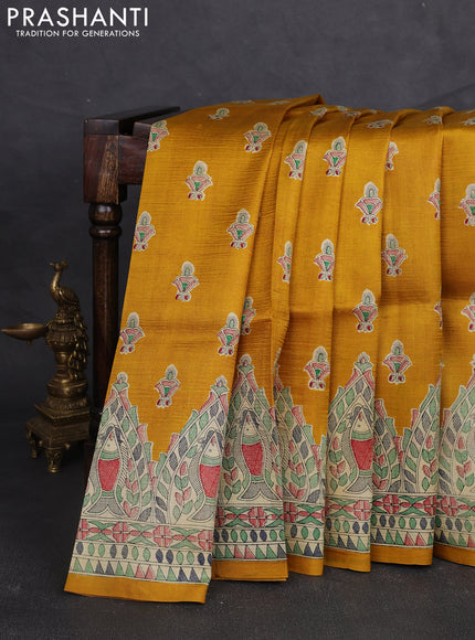 Madhubani printed silk saree mustard yellow and beige with allover butta prints and madhubani printed border