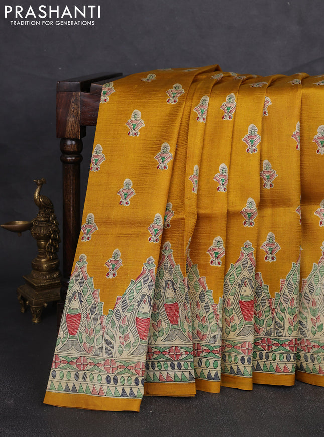 Madhubani printed silk saree mustard yellow and beige with allover butta prints and madhubani printed border