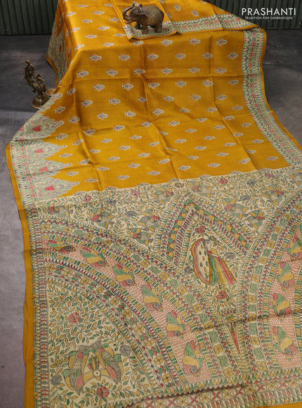 Madhubani printed silk saree mustard yellow and beige with allover butta prints and madhubani printed border