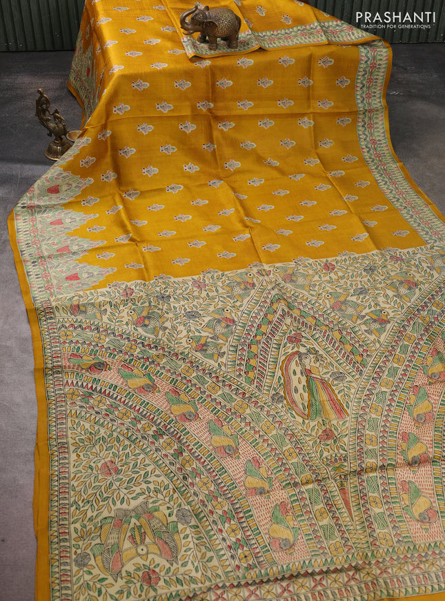 Madhubani printed silk saree mustard yellow and beige with allover butta prints and madhubani printed border