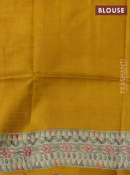 Madhubani printed silk saree mustard yellow and beige with allover butta prints and madhubani printed border