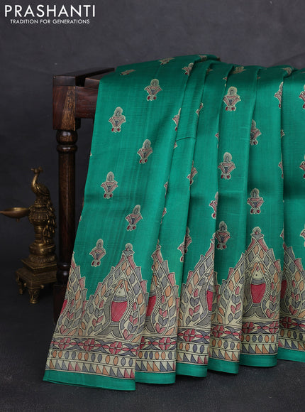 Madhubani printed silk saree teal green and beige with allover butta prints and madhubani printed border