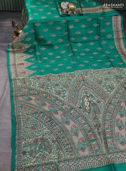 Madhubani printed silk saree teal green and beige with allover butta prints and madhubani printed border
