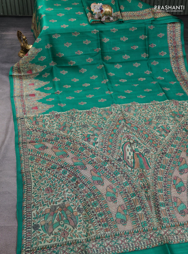Madhubani printed silk saree teal green and beige with allover butta prints and madhubani printed border