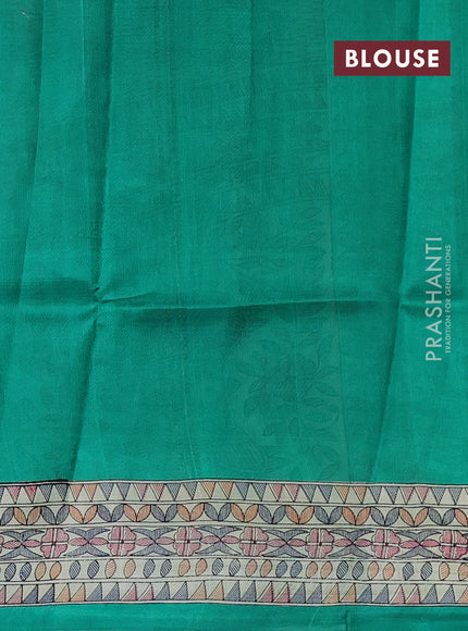 Madhubani printed silk saree teal green and beige with allover butta prints and madhubani printed border
