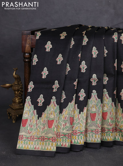 Madhubani printed silk saree black and beige with allover butta prints and madhubani printed border
