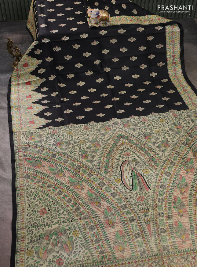 Madhubani printed silk saree black and beige with allover butta prints and madhubani printed border
