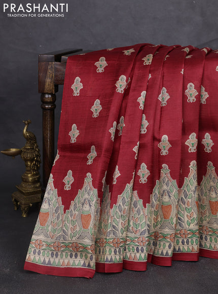 Madhubani printed silk saree maroon and beige with allover butta prints and madhubani printed border