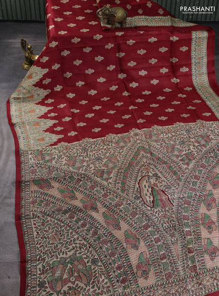 Madhubani printed silk saree maroon and beige with allover butta prints and madhubani printed border